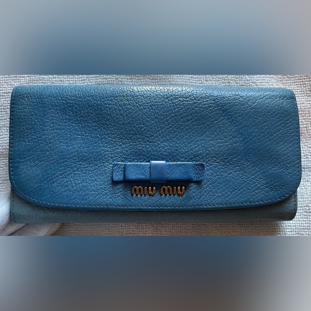 Miu Miu Authentic Vintage Cloudy Blue Sky Leather Long Wallet with Gold Logo